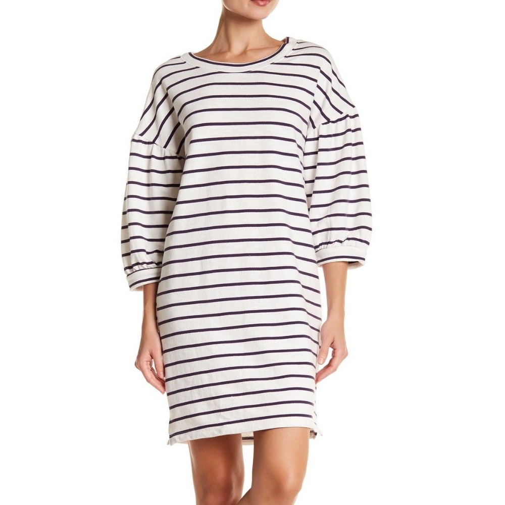 Bubble Sleeve White & Navy Striped Dress